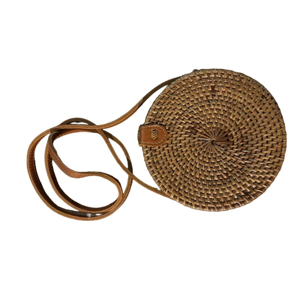 Handwoven round Rattan straw brown tan Purse shoulder bag leather strap